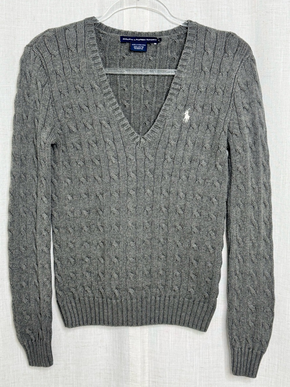 Vintage Ralph Lauren Sport Cable Knit V-Neck Sweater Gray Cotton Size M